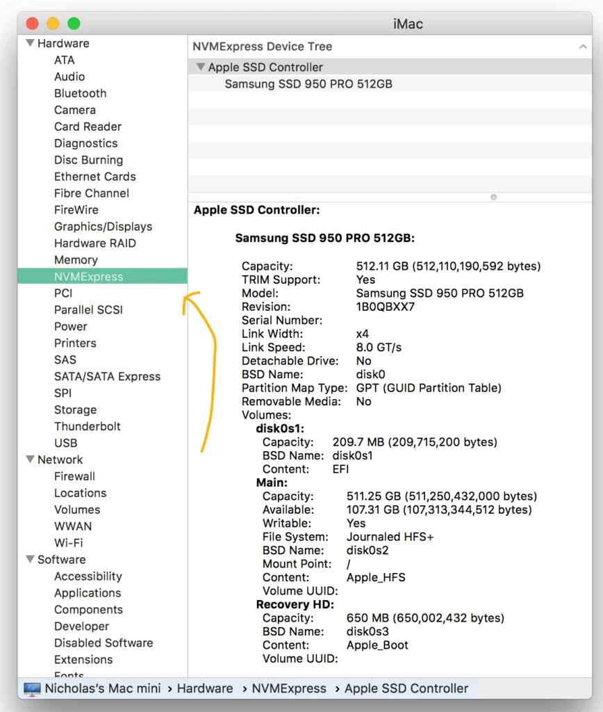 Sous macOS
Menu Pomme → À propos de ce Mac → Rapport système → Stockage : le champ "Type de support" indique "Lecteur SSD NVMe" ou "Flash Storage" pour les Mac récents (tous NVMe depuis 2016).