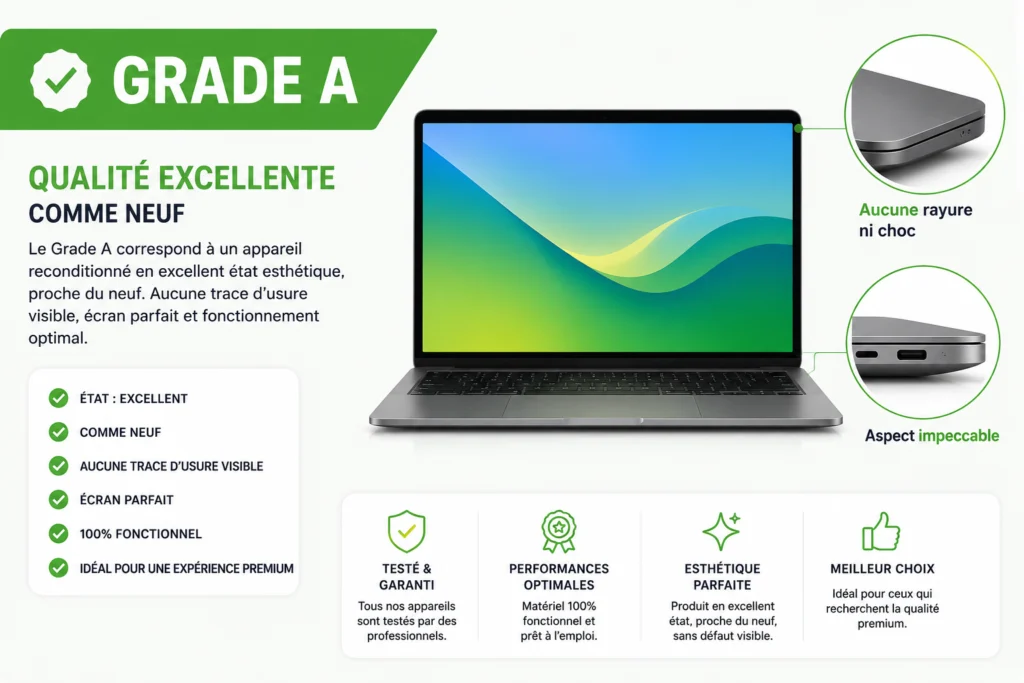 Ordinateur portable reconditionné Grade A, état esthétique excellent comme neuf, écran et châssis sans rayures