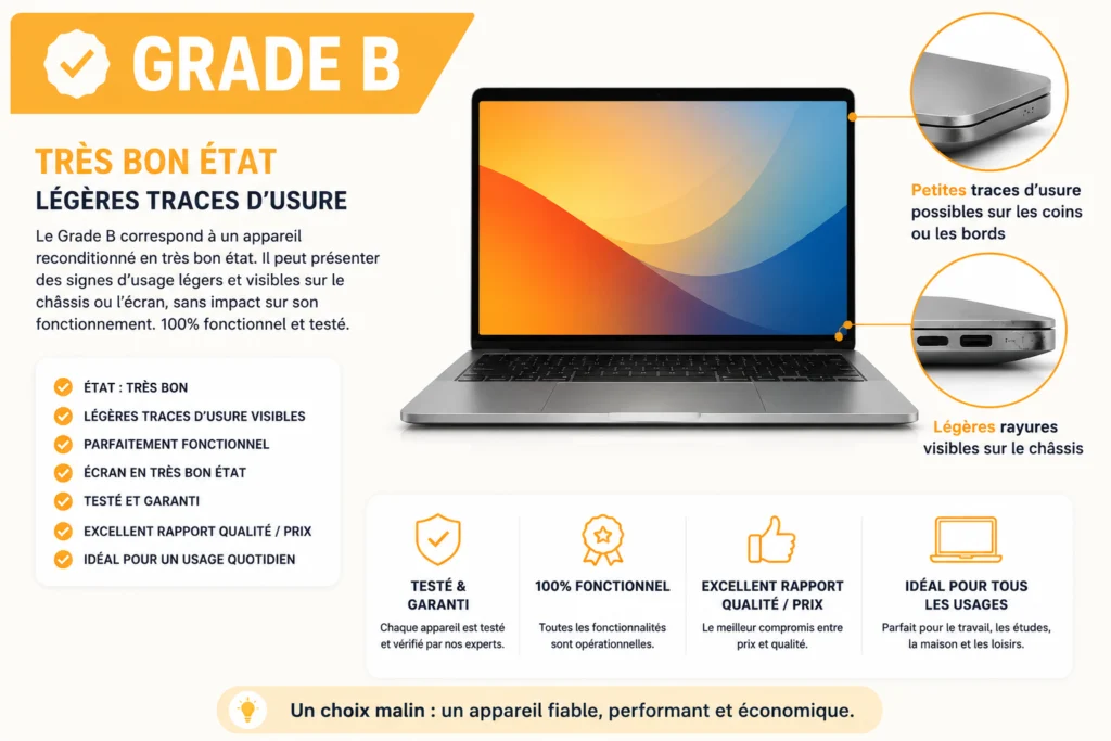 Ordinateur portable reconditionné Grade A, état esthétique excellent comme neuf, écran et châssis sans rayures