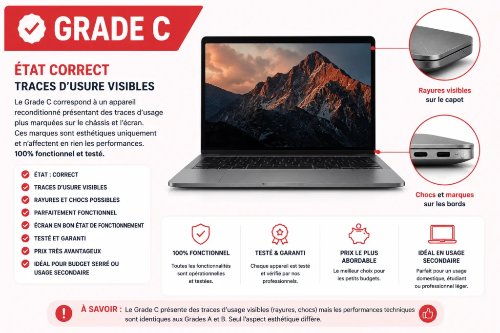 Ordinateur portable reconditionné Grade A, état esthétique excellent comme neuf, écran et châssis sans rayures
