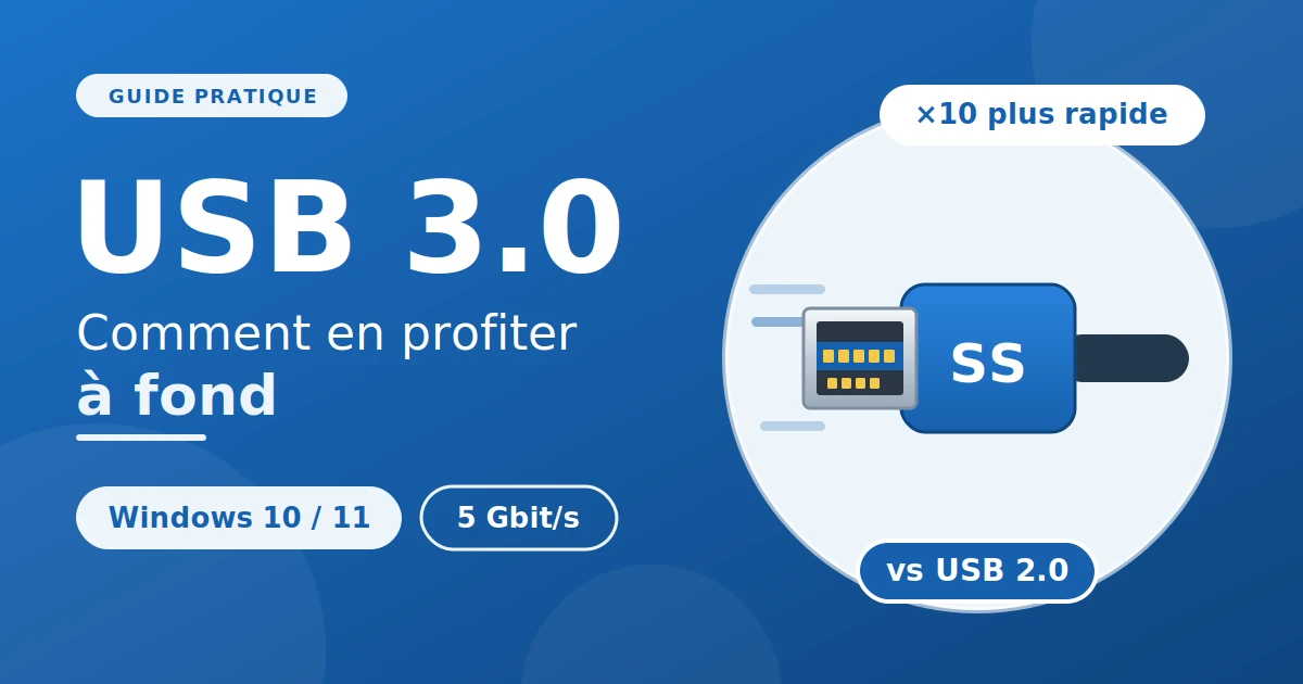 Connecteur USB 3.0 bleu avec logo SuperSpeed, guide pour profiter de l'USB 3.0 sous Windows 10 et 11.